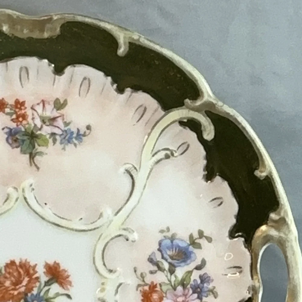 Antique Victorian Handled Cake Plate Pattern 930 Forest Green Stipple Gilt 10.5